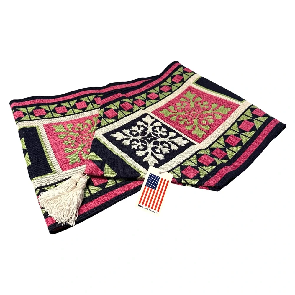 MCM Home Decor Table Runner Art Deco Black White Tapestry Made in USA 72